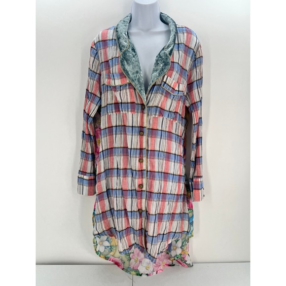 Aratta Silent Journey Dresses & Skirts - Aratta Silent Journey XL Plaid Floral Mixed Media Shirt Dress Velvet Collar
